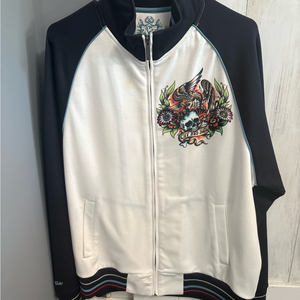 Marc Ecko Black and White Jacket with Skull and Floral Design